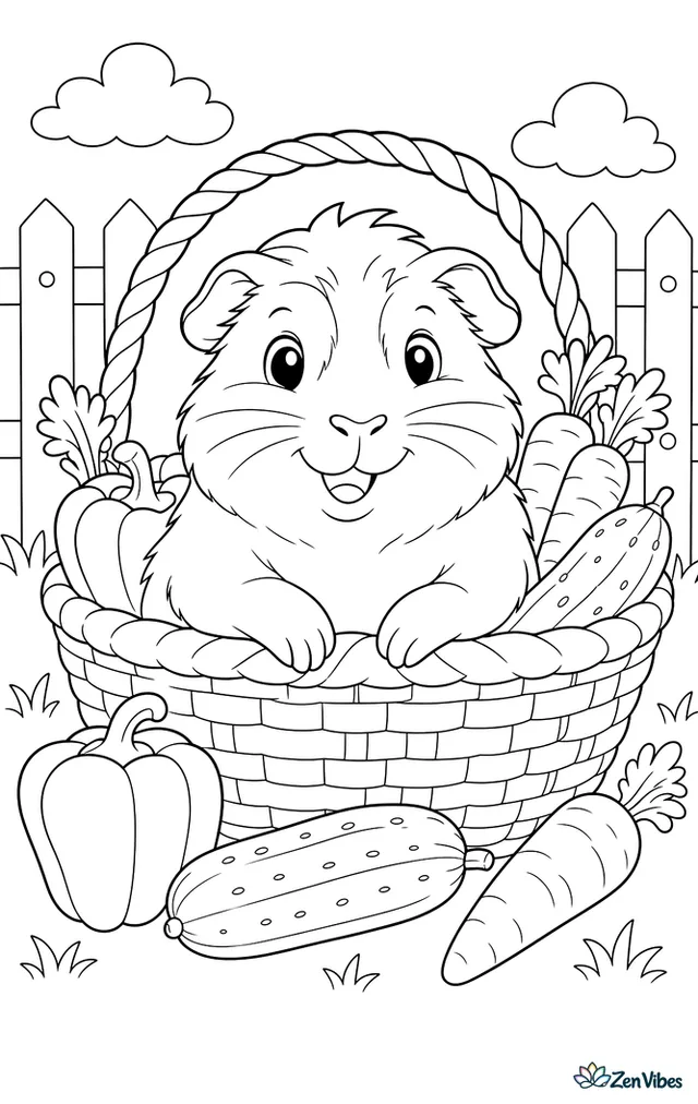 A guinea pig sitting in a basket among carrots, peppers, and cucumbers