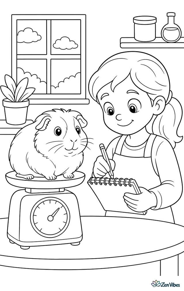 A guinea pig sitting on a kitchen scale with a person writing its weight in a notebook