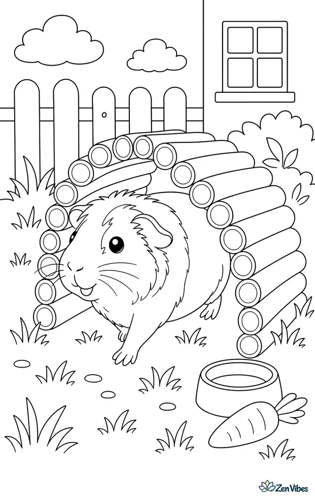 A guinea pig walking through a tunnel made of small logs in an outdoor run with grass