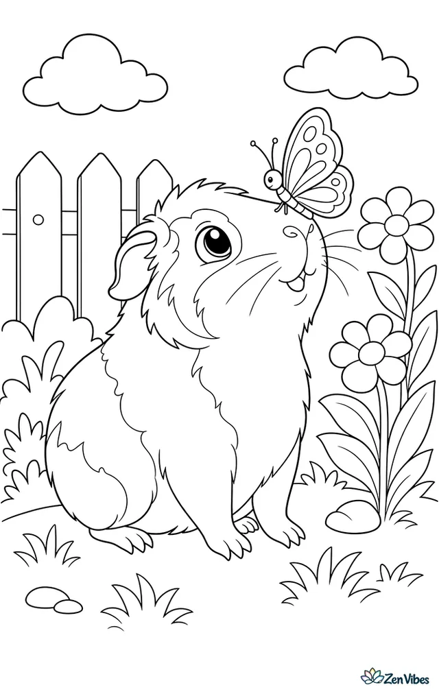 A guinea pig looking up at a butterfly landing on its nose in a garden
