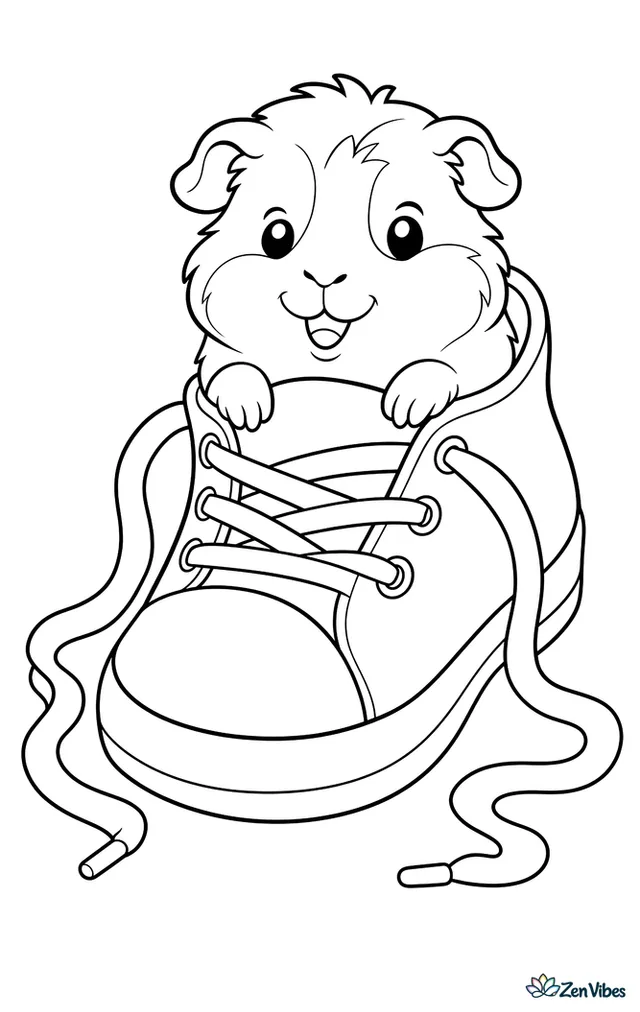 A guinea pig sitting inside a big sneaker with laces trailing on the floor