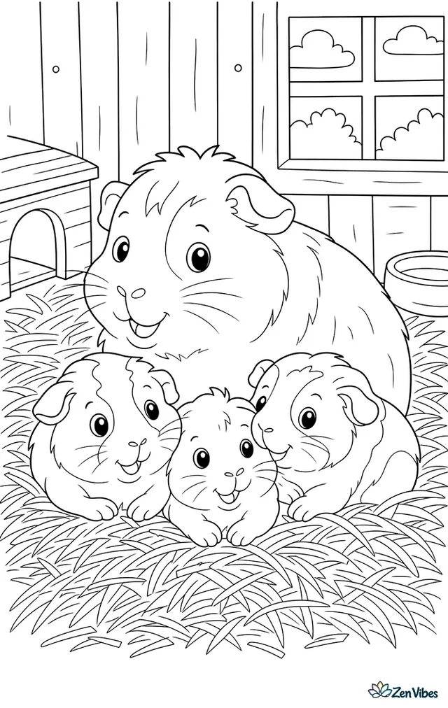 A mother guinea pig with three babies in a pile of hay in a wooden hutch