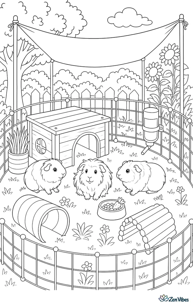 An outdoor pen on grass with three guinea pigs, a wooden hideout, a water bottle, and a shade cloth