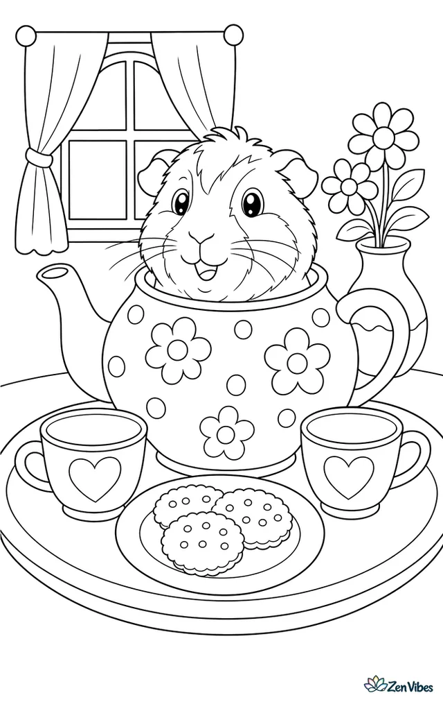 A guinea pig's head popping out of a teapot on a tray with cups and a plate of biscuits