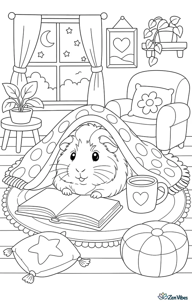 A guinea pig tucked under a blanket beside an open book and a mug on a rug