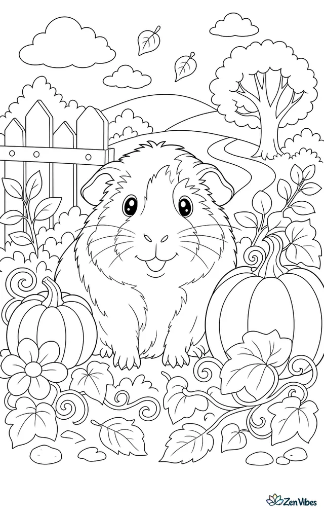 A guinea pig sitting between small pumpkins with leaves and vines around