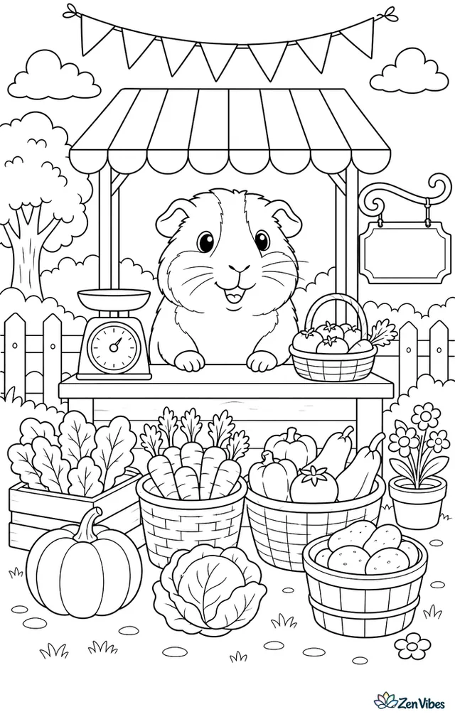 A guinea pig behind a stall with baskets of vegetables, a scale, and a sign