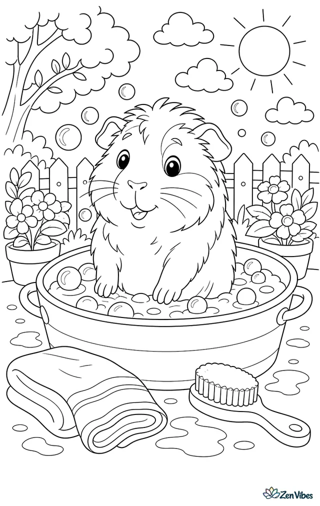 A guinea pig standing in a shallow tub of water with bubbles, a towel and a brush nearby