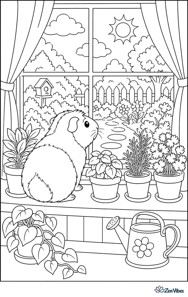 A guinea pig on a windowsill among potted herbs looking out at a garden