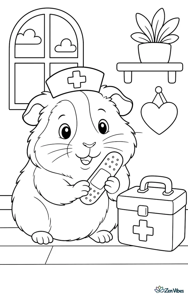 A guinea pig with a small nurse cap holding a bandage next to a first-aid box