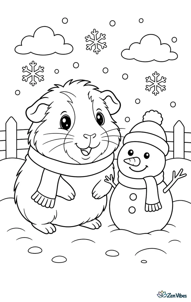 A guinea pig in a tiny scarf standing beside a small snowman with snowflakes falling