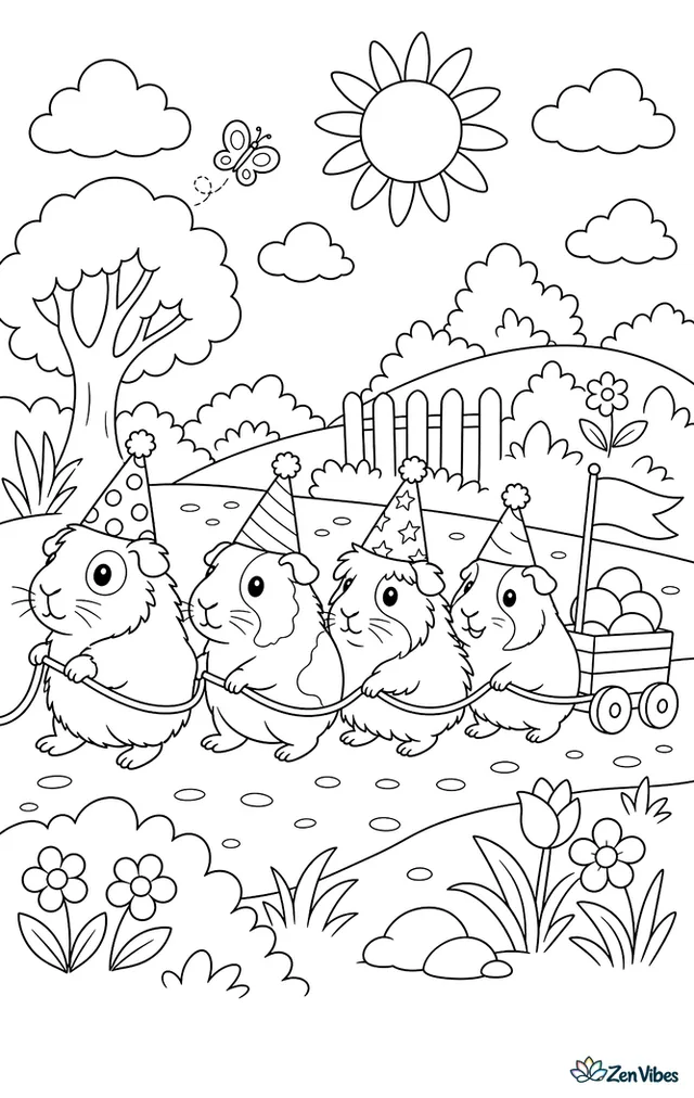 Four guinea pigs walking in a line wearing party hats and pulling a tiny wagon with a flag