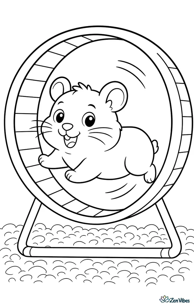 A hamster running inside a wheel with a few motion lines, standing on the floor of a cage