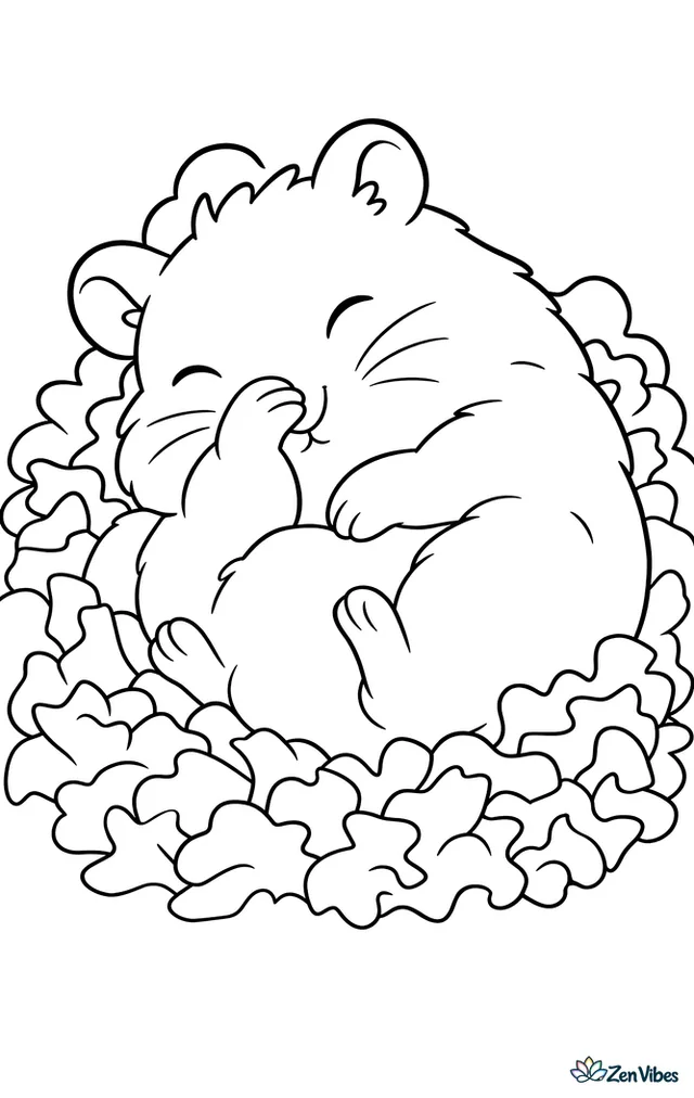 A hamster curled up asleep in a pile of soft bedding with one paw over its nose