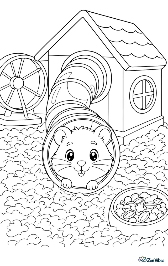 A hamster poking its head out of a clear tunnel tube connected to a small house, with bedding below