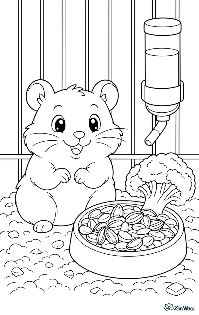 A hamster sitting beside a bowl piled with seeds and a piece of broccoli, with a water bottle and the bars of a cage behind
