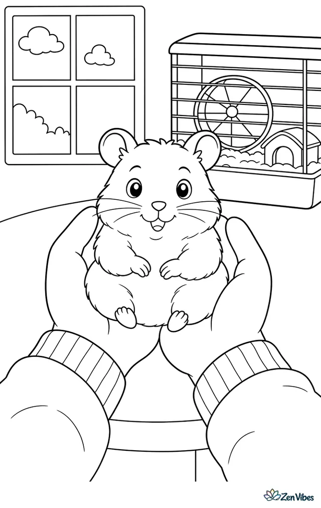 A hamster sitting in the cupped hands of a child, with a sleeve, a table edge, and a cage in the background
