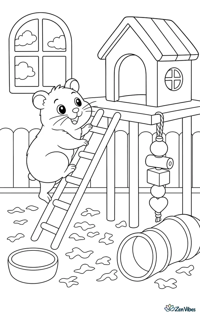 A hamster climbing a small wooden ladder up to a platform with a hideout house and a hanging chew toy