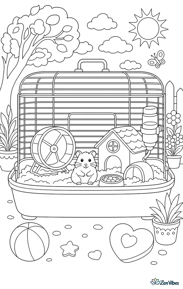 A large hamster cage seen from the front with bedding, a wheel, a water bottle, a house, and a hamster, with space to add more