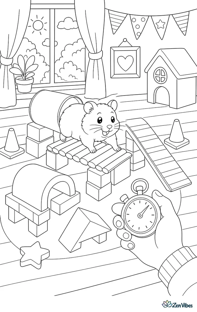 A hamster on a tabletop obstacle course made of blocks, a cardboard tube, a ramp, and a bridge, with a stopwatch and a child's hand
