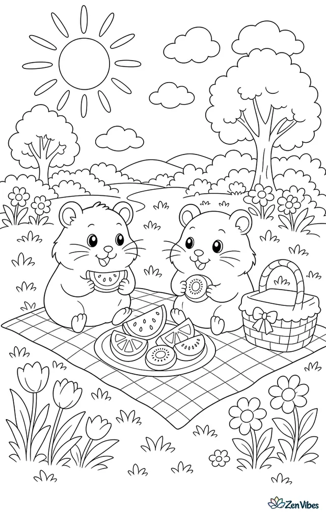 Two hamsters sitting on either side of a small plate of fruit slices on a picnic blanket in the grass, with a tiny basket