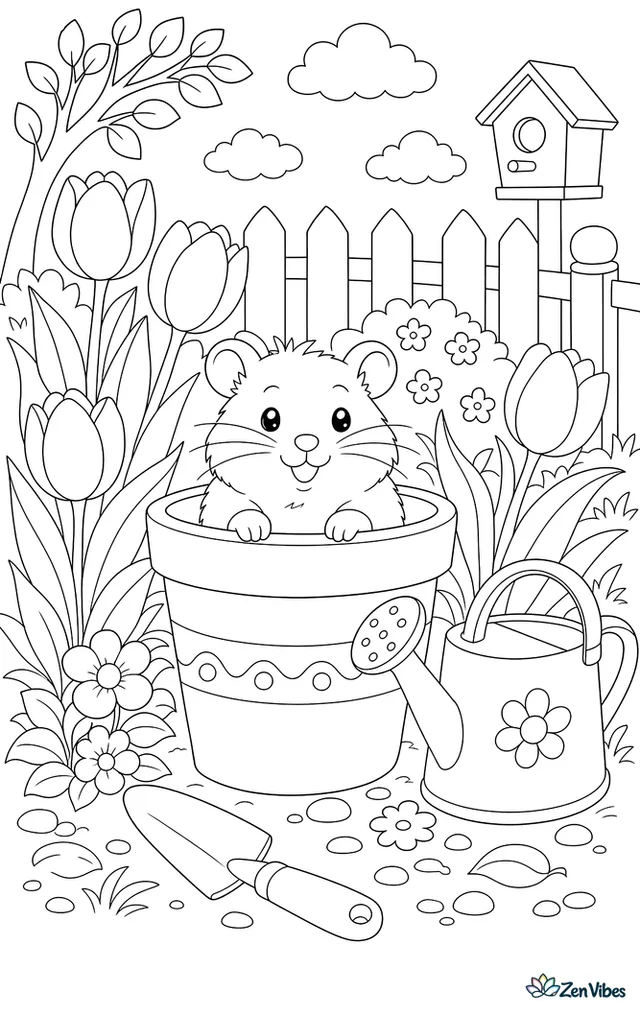 A hamster peeking out of a flower pot in a garden corner surrounded by tulips, a trowel, a watering can, and a small fence