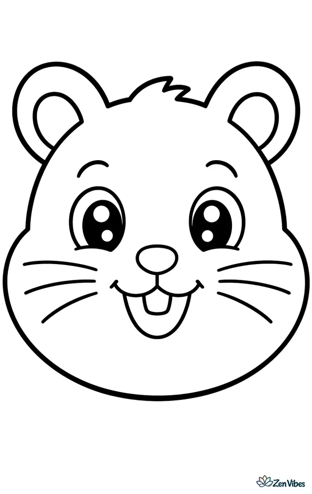 A big round hamster face with tiny ears, bright eyes, and whiskers filling the page