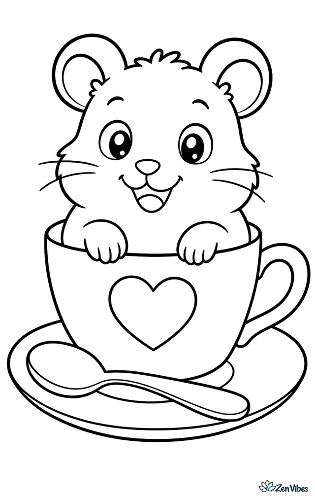 A hamster sitting in a teacup with its paws on the rim and a spoon on the saucer