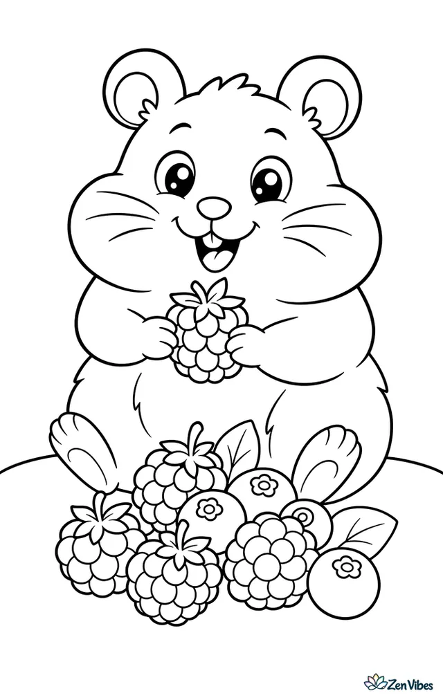 A hamster with bulging cheeks next to a pile of berries, one still in its paws