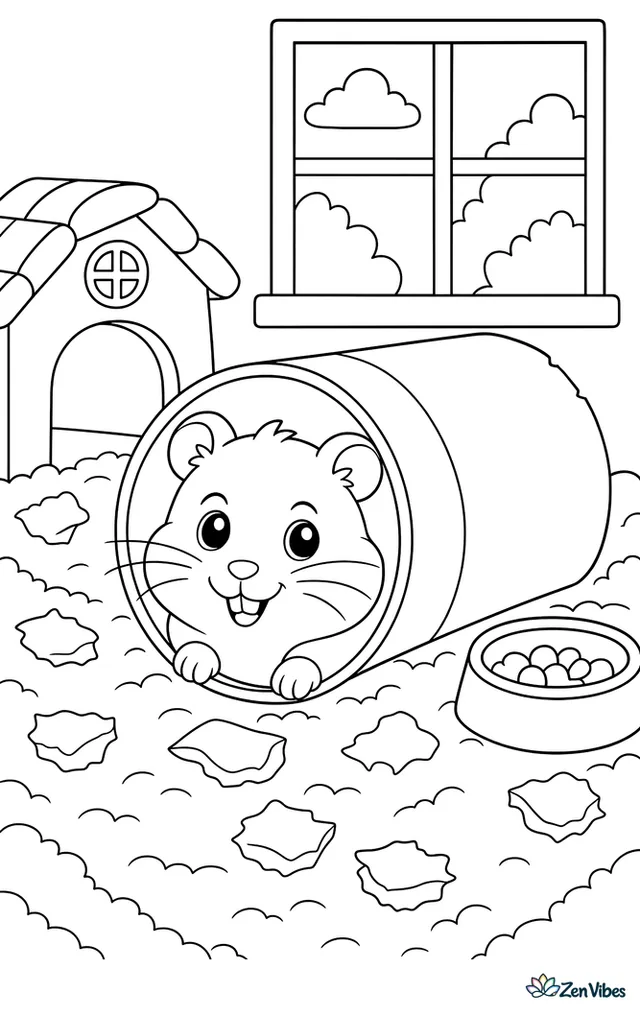 A hamster peeking out of a cardboard tube on a carpet with bedding scattered around