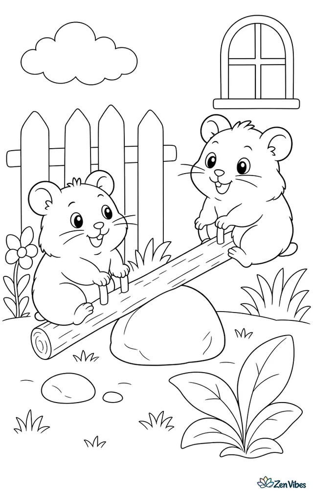 Two hamsters on a tiny seesaw made from a stick and a stone
