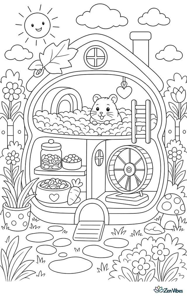 A cutaway hamster house with a bedroom of bedding, a food room, and a wheel room