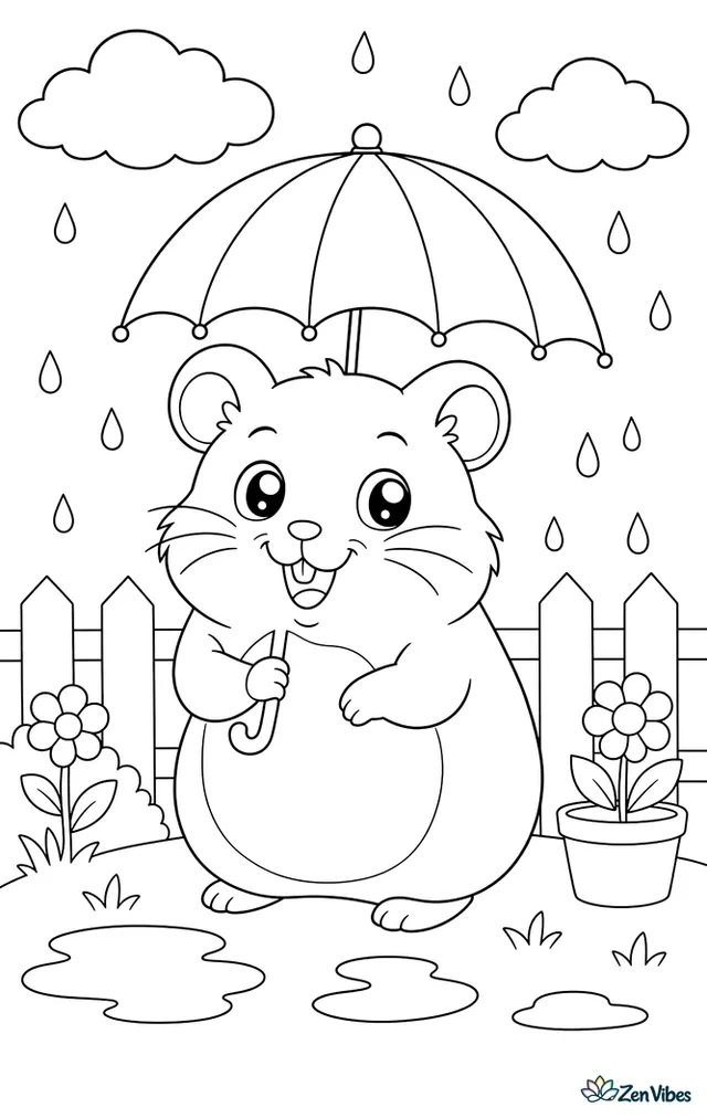 A hamster holding a tiny umbrella while a few raindrops fall around it