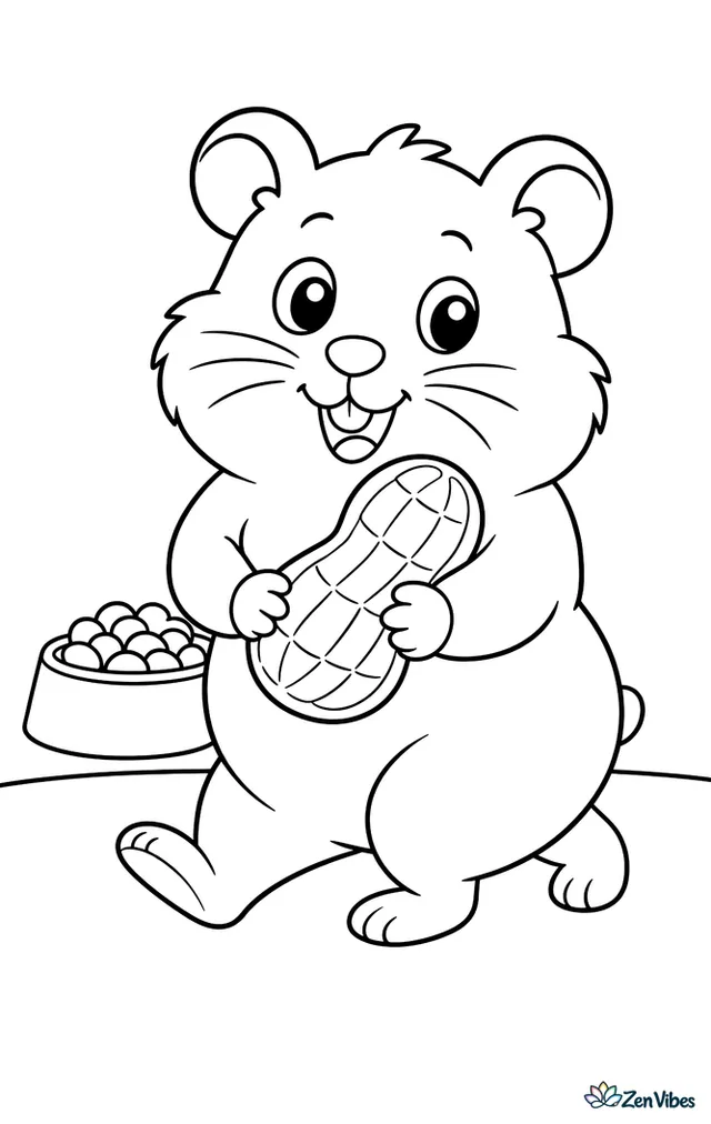A hamster waddling along carrying a peanut in its arms, a food bowl behind