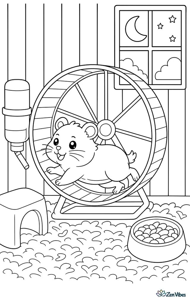 A hamster running on its wheel in a cage while a moon shines through a window