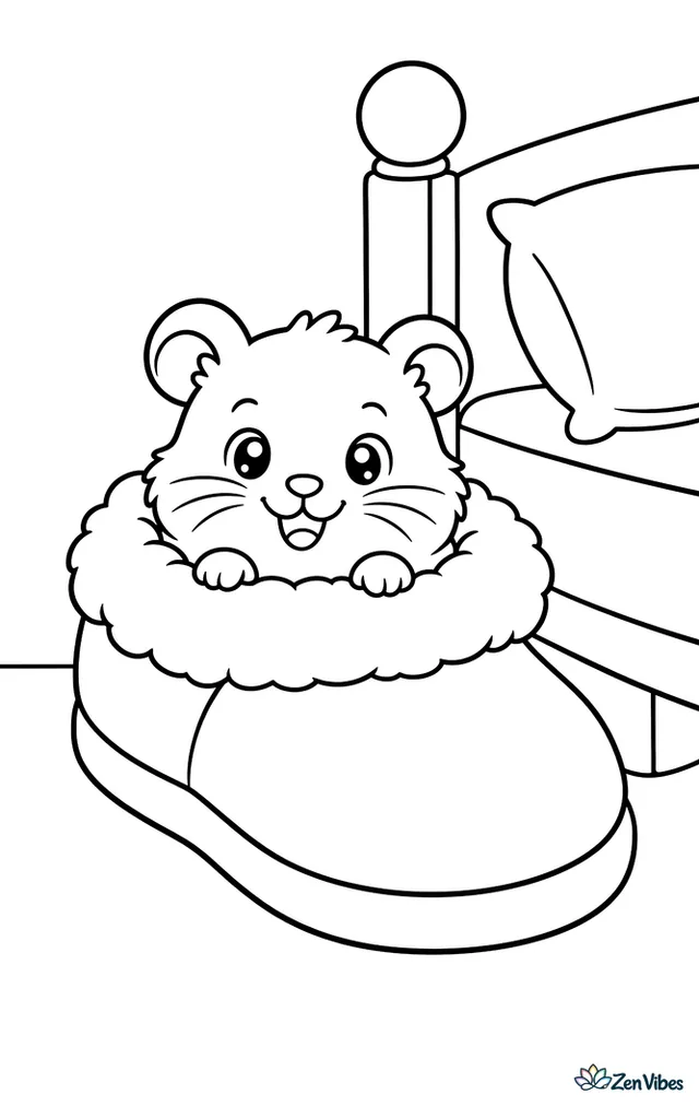 A hamster's face peeking out of a fluffy slipper next to a bed