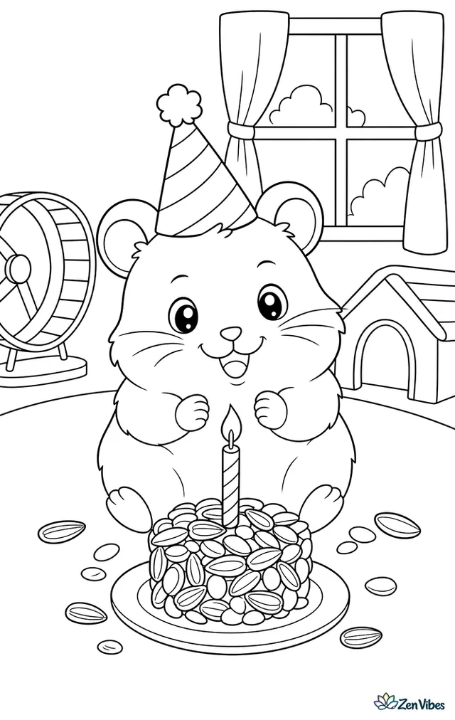 A hamster wearing a party hat in front of a tiny cake made of seeds with one candle