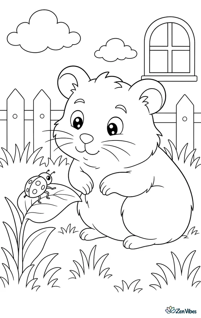 A hamster gently looking at a ladybug on a leaf in the grass