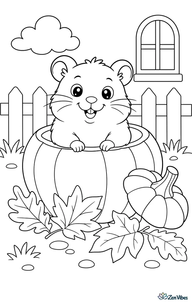A hamster sitting inside a small hollowed pumpkin with leaves around