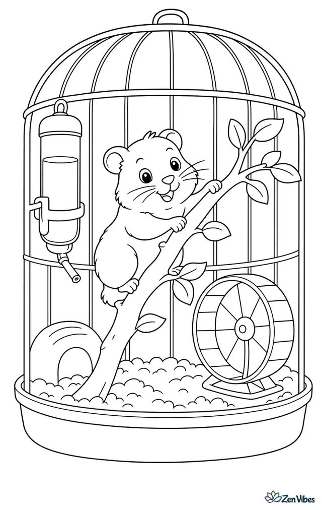 A hamster climbing along a branch with leaves inside a large cage with a water bottle
