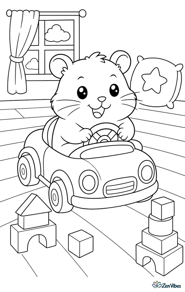 A hamster driving a small toy car across a bedroom floor past building blocks