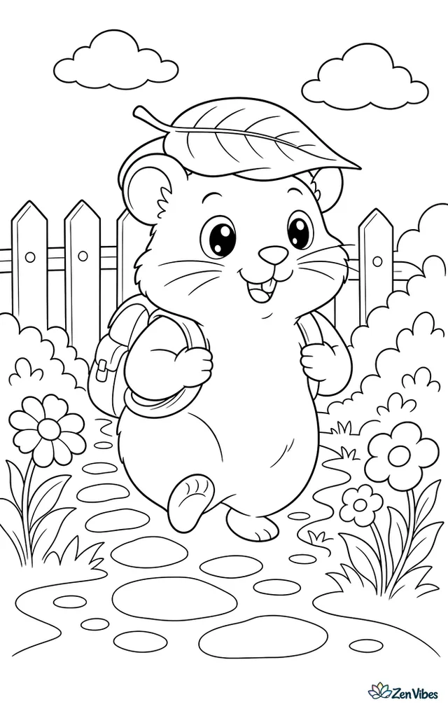 A hamster wearing a tiny backpack walking along a garden path with a leaf as a hat