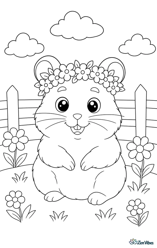 A hamster wearing a crown of small flowers sitting in a meadow