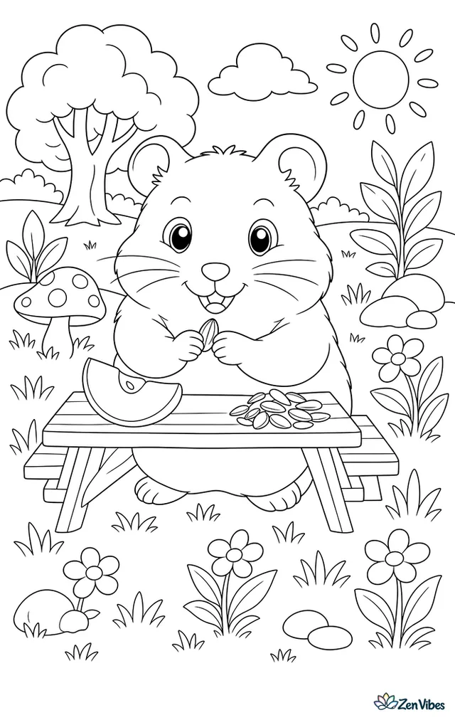 A hamster at a matchbox-sized picnic table with a slice of apple and a seed pile, grass around