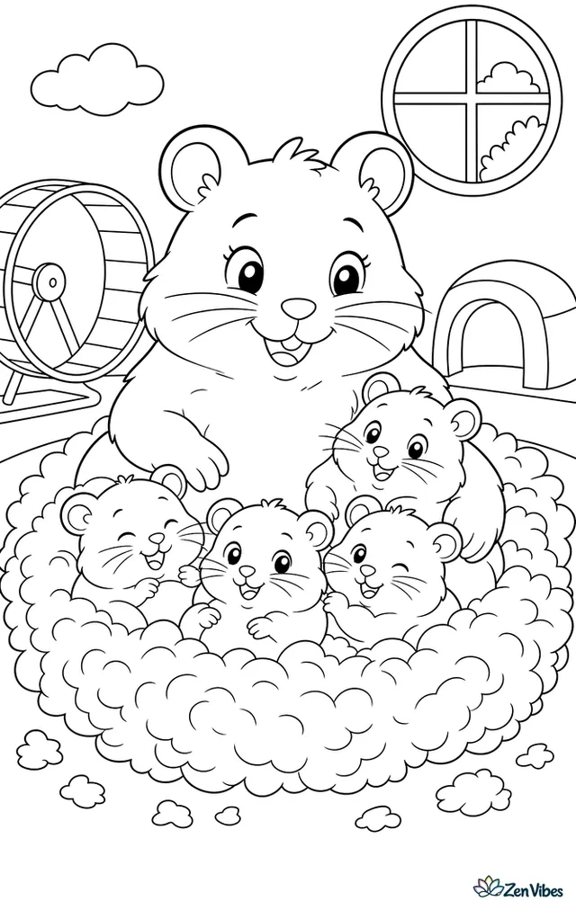 A mother hamster with four babies snuggled in a nest of soft bedding