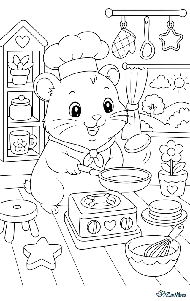A hamster in a chef's hat flipping a tiny pancake in a pan on a toy stove