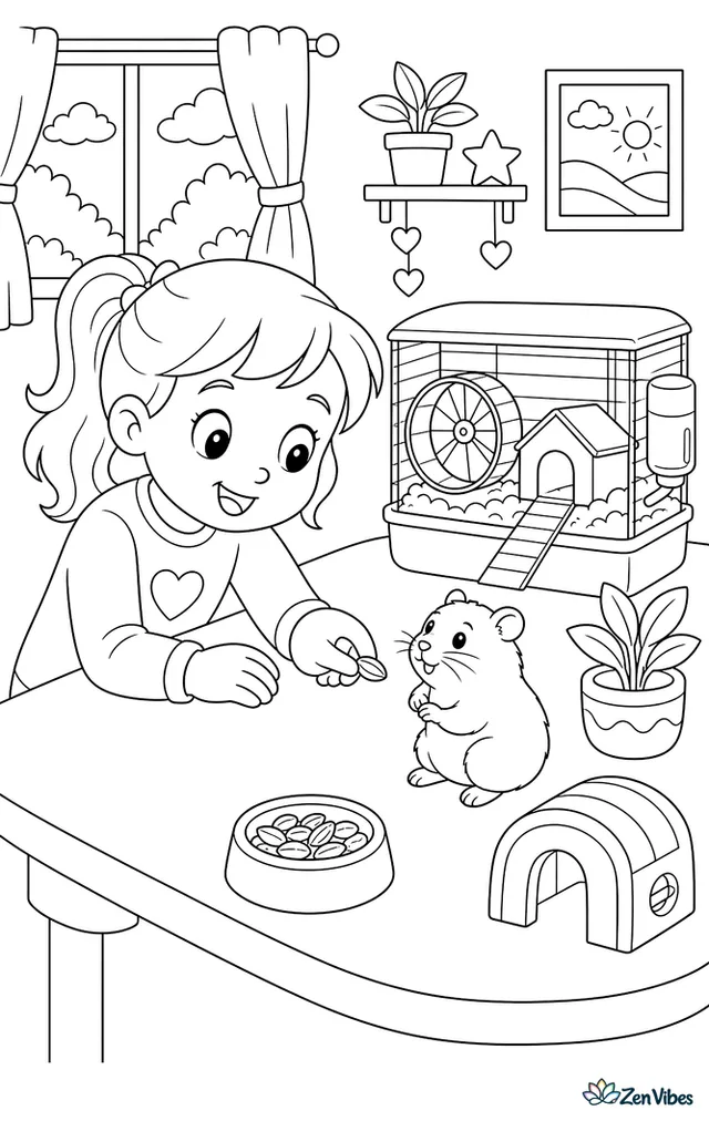 A child's hand holding out a treat to a hamster on a table with its cage behind