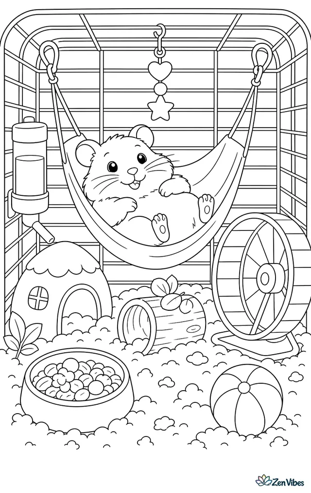 A hamster lying in a tiny hammock hung inside a cage with a water bottle and a wheel