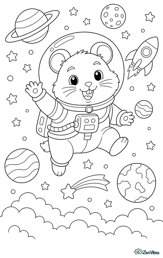 A hamster in a bubble helmet floating among drawn stars and planets