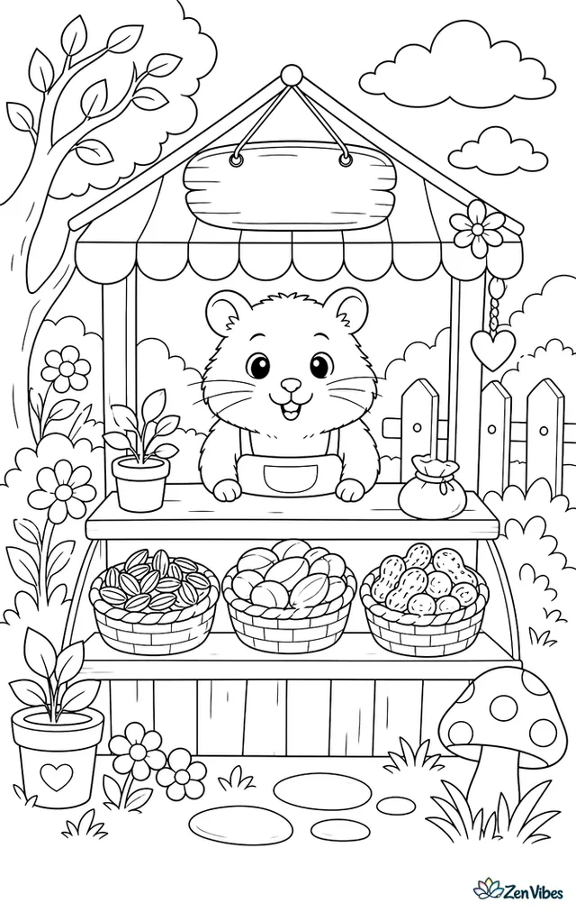 A hamster behind a tiny stall selling seeds and nuts in baskets with a sign above
